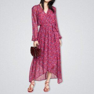 Custommade Leslie Wrap Maxi Dress Flowy Sheer Chiffon Floral Print Red W Small
